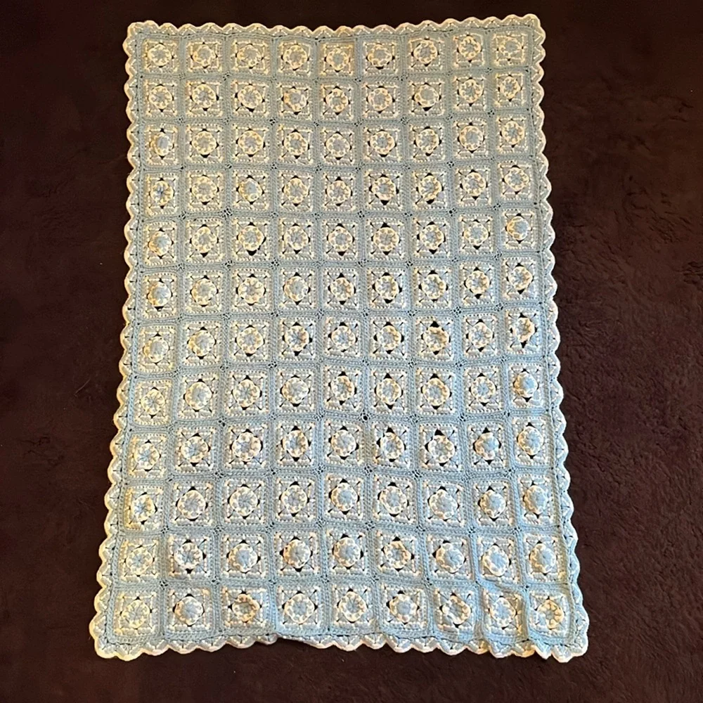 Hand Crochet Baby Blanket Blue White Nursery, Dolls